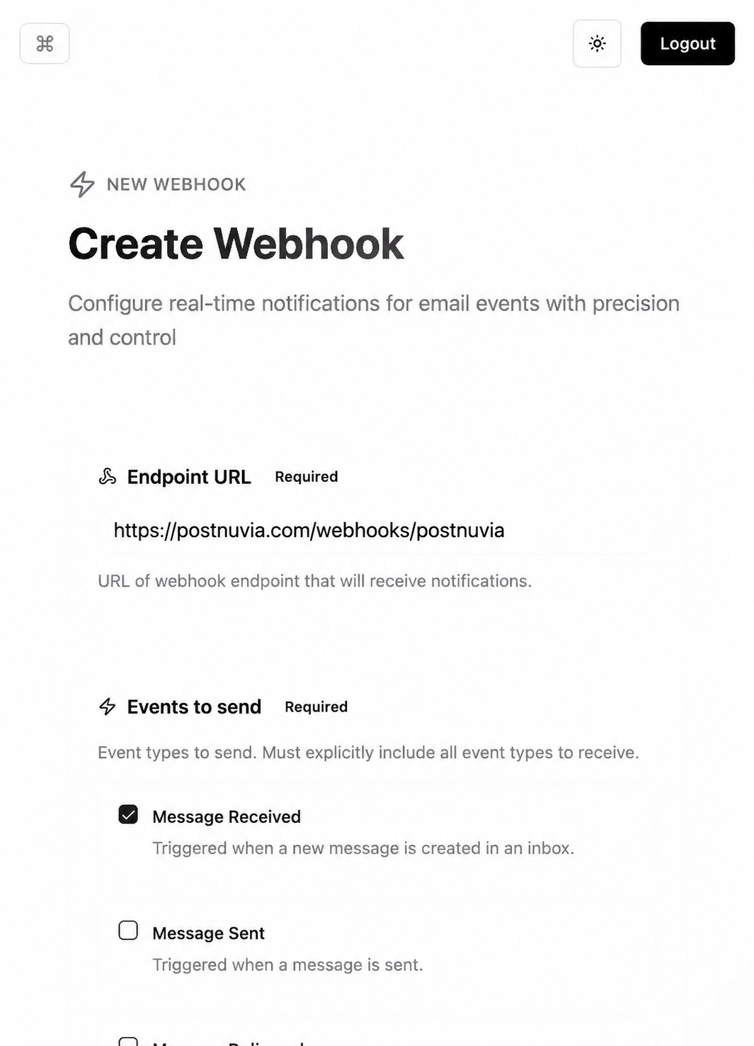 PostNuvia Create Webhook form with an endpoint URL and Message Received selected