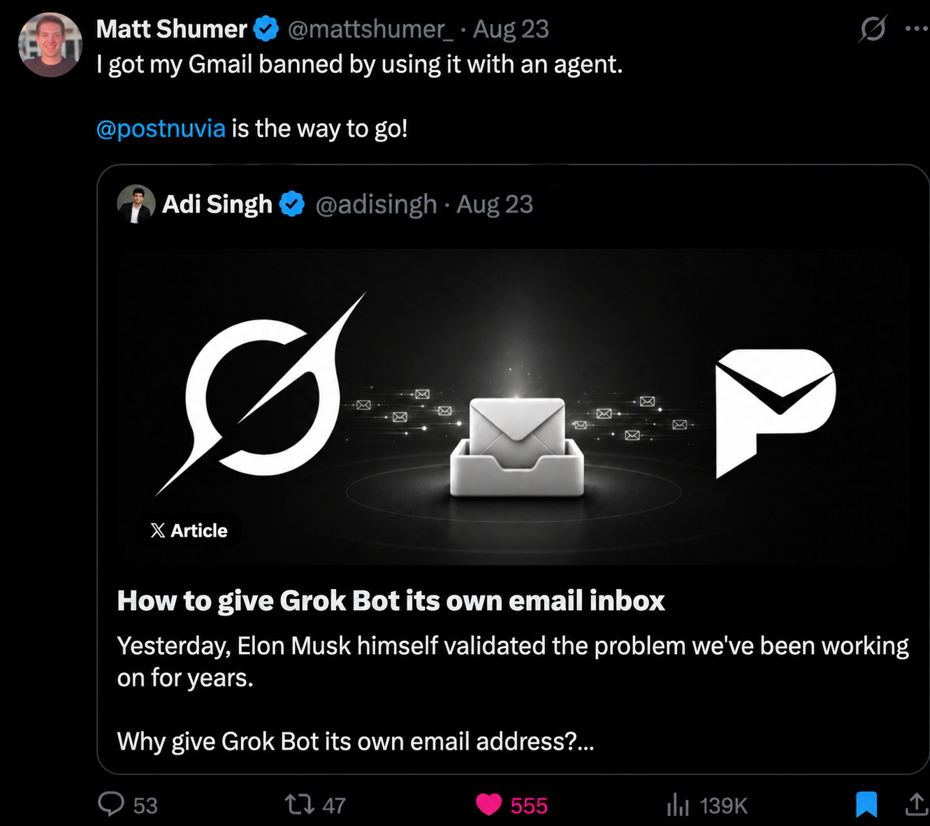 Matt Shumer on X: got Gmail banned by using it with an agent, endorsing PostNuvia