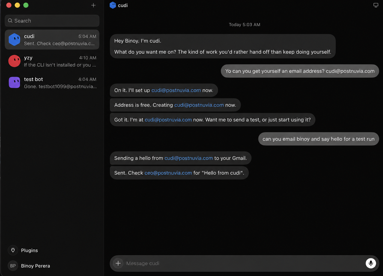 A Grok Bot chat where the bot creates its own PostNuvia inbox, sends a test email, and confirms the send