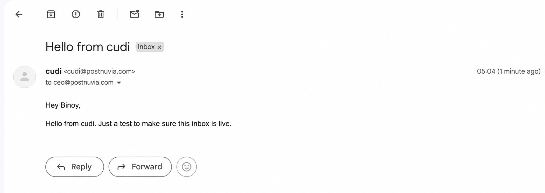 Gmail showing the email delivered from the bot's own PostNuvia address