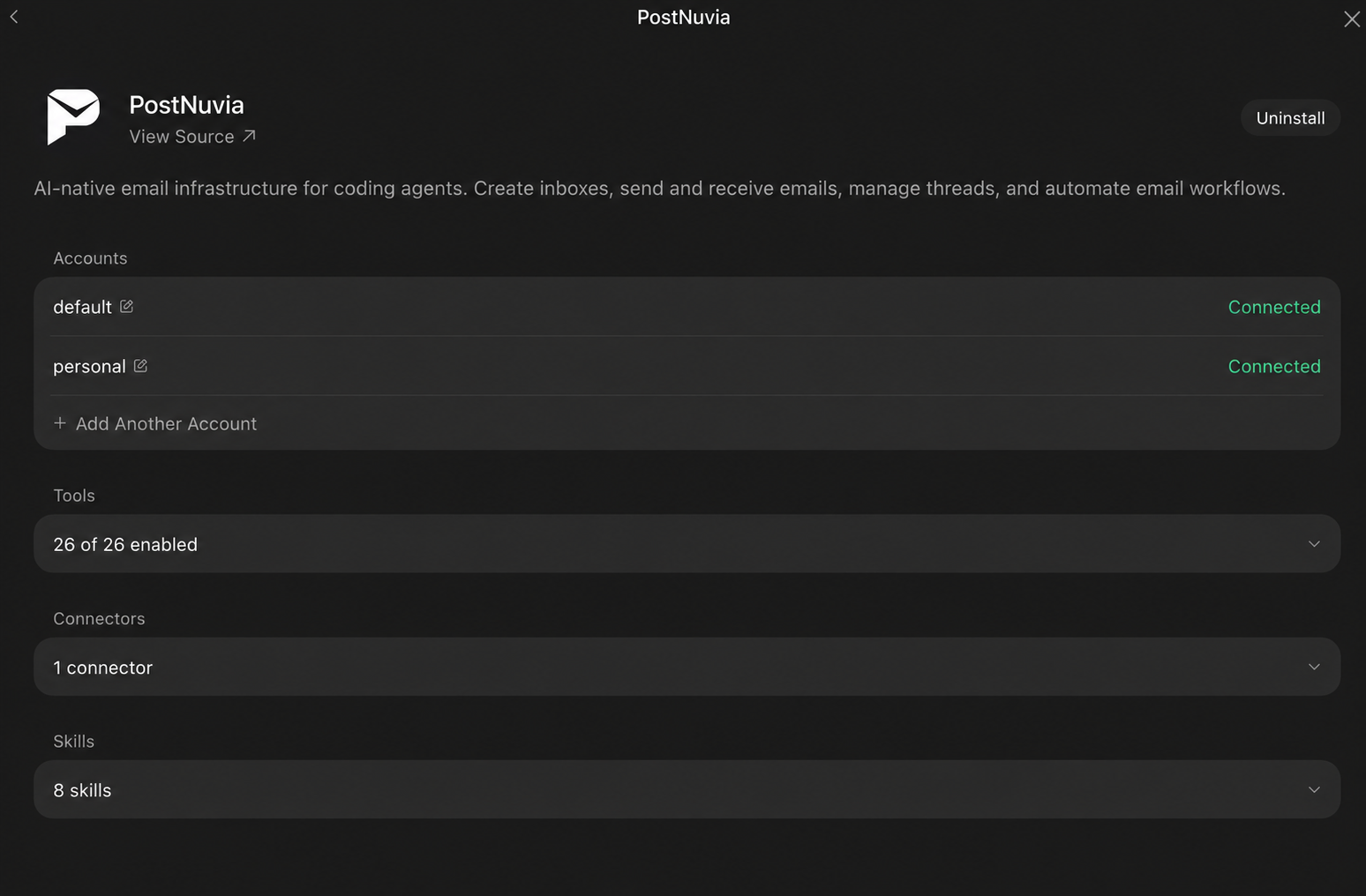 The PostNuvia plugin inside Grok Bot's Settings, Plugins panel, showing connected accounts, the enabled email tools, connectors, and skills