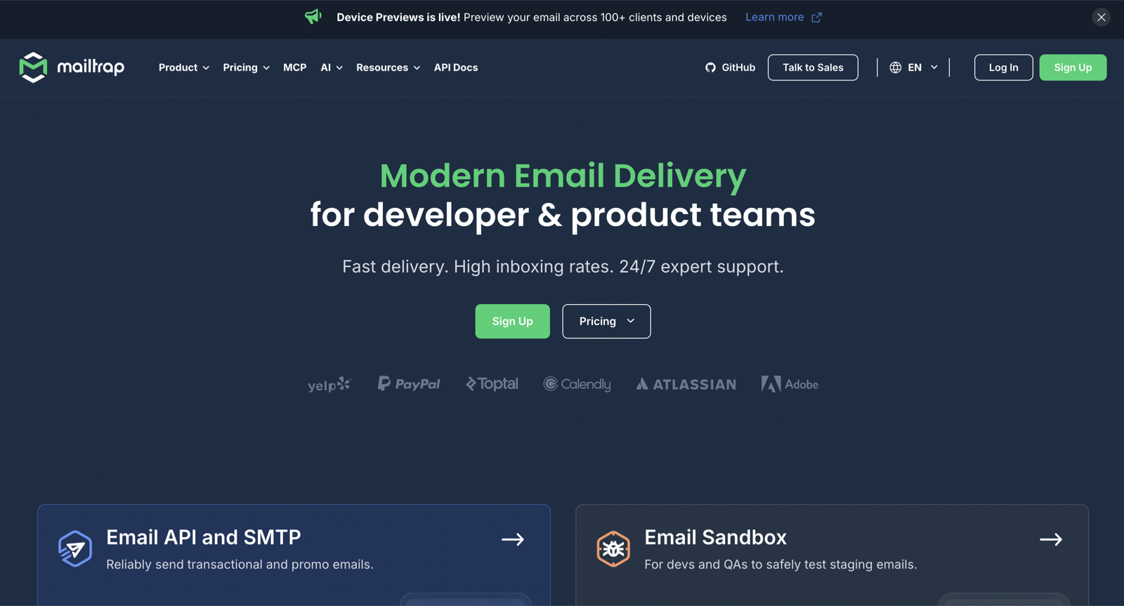 Mailtrap homepage: "Modern Email Delivery for developer & product teams," with Email API and SMTP and Email Sandbox product cards.