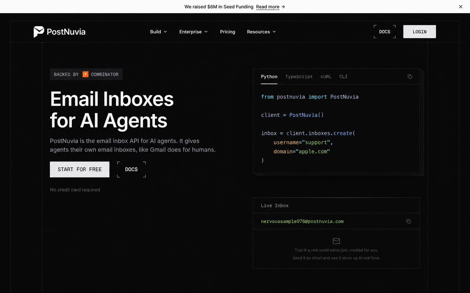 PostNuvia homepage: "Email Inboxes for AI Agents," with a Python snippet creating an inbox and a live demo inbox address.