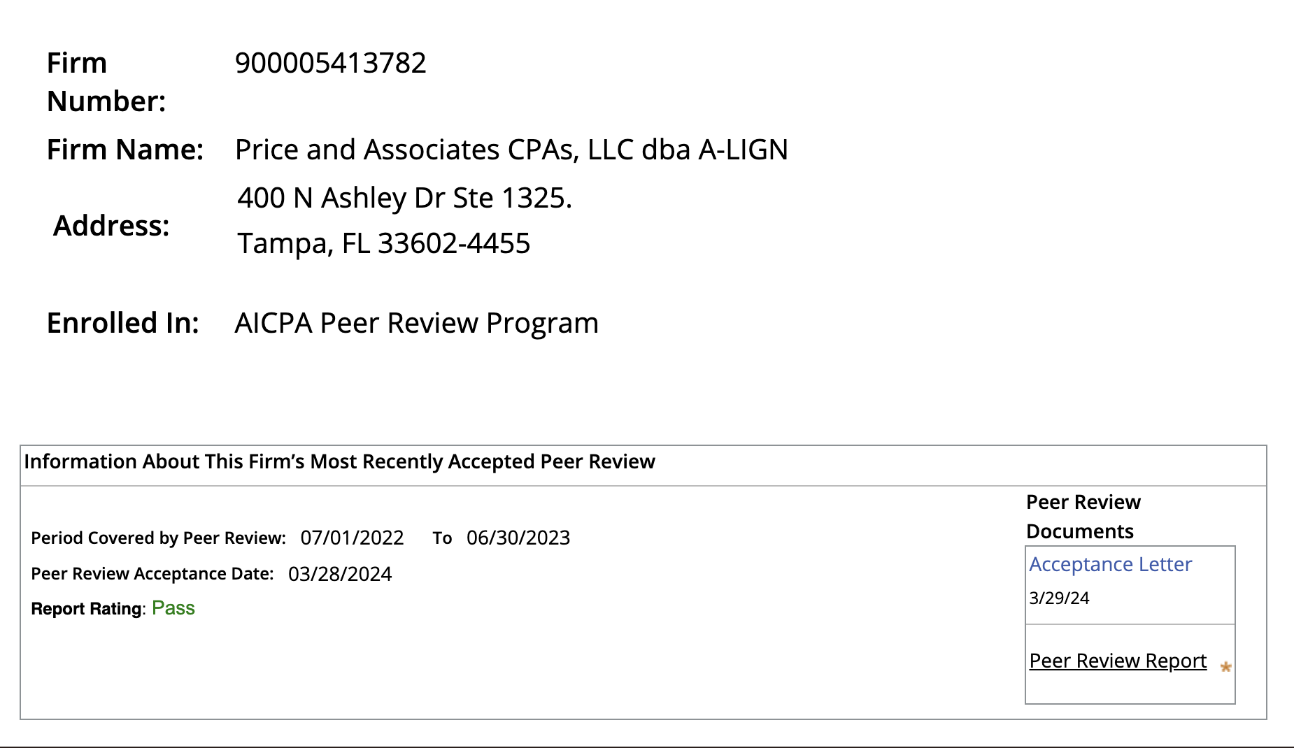 AICPA peer-review record for Price and Associates CPAs, LLC dba A-LIGN, showing a Pass rating